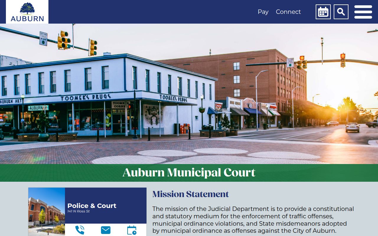 Auburn Municipal Court services website showing court information and contact details