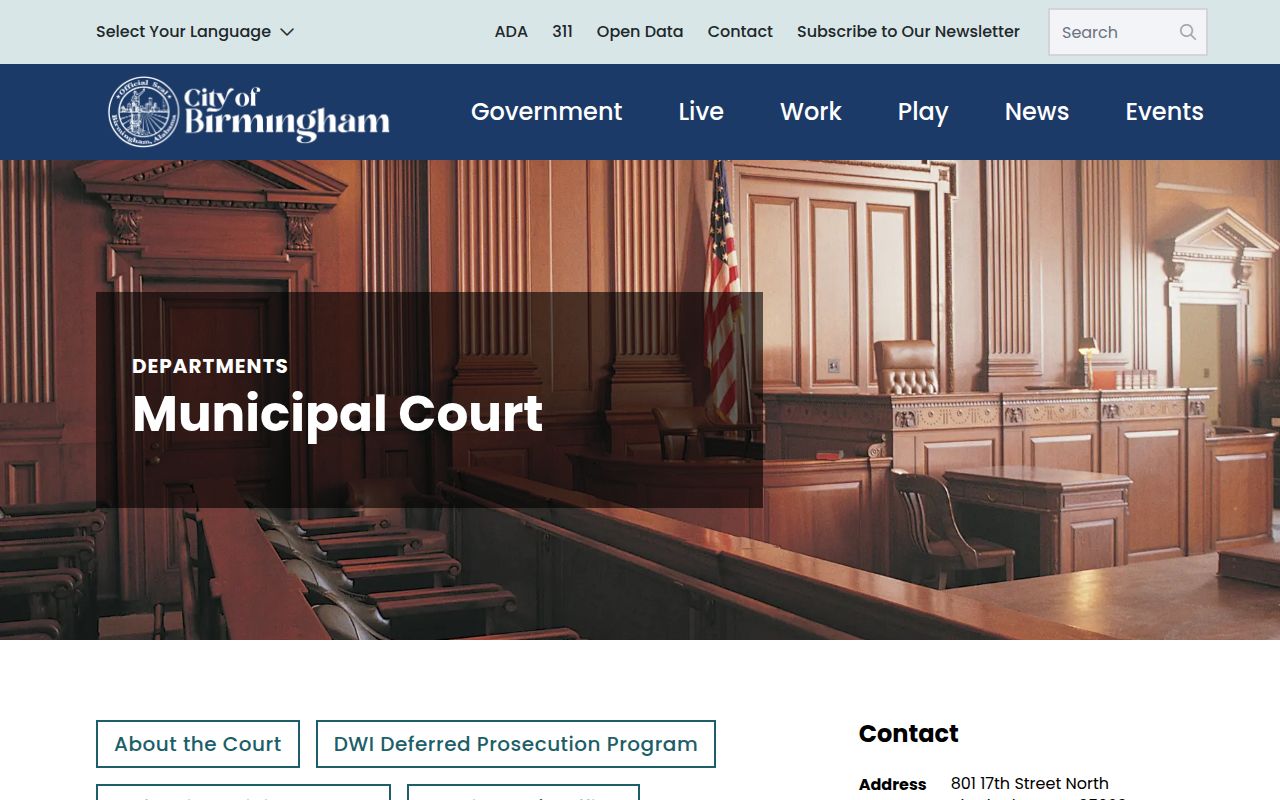 Birmingham Municipal Court website showing traffic ticket payment options and court information