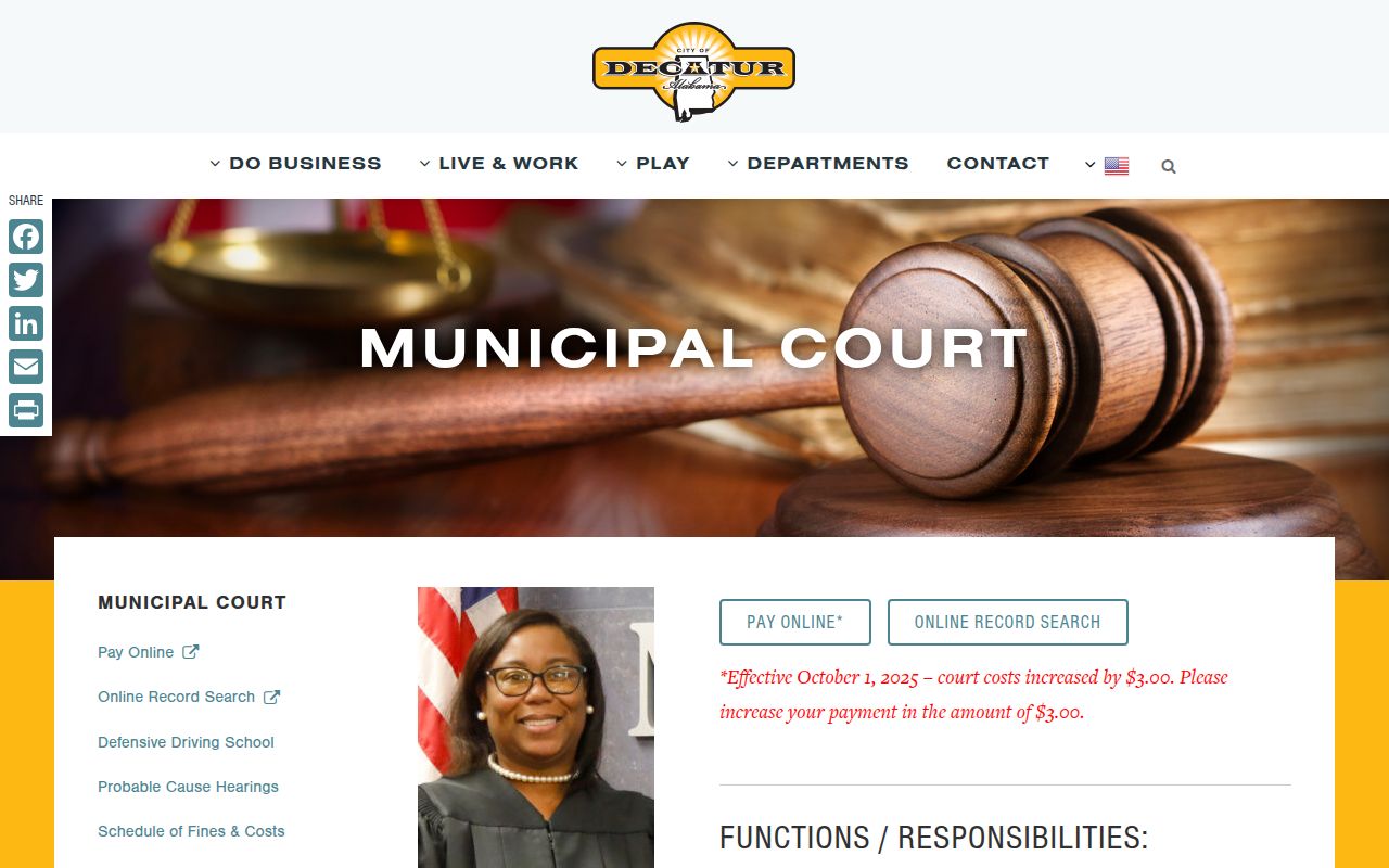 Decatur Municipal Court website showing court information and FAQ resources