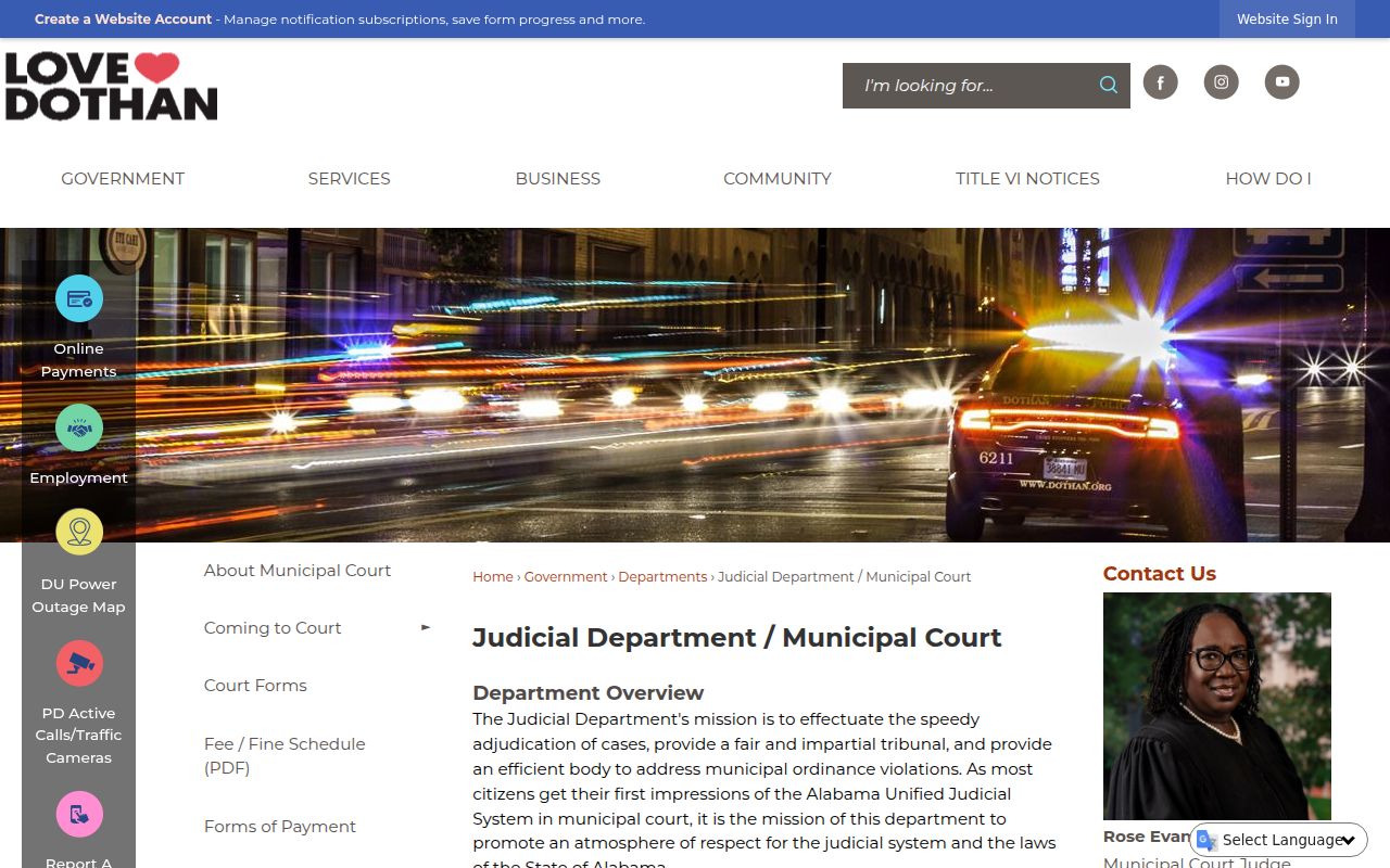 Dothan Judicial Department Municipal Court website showing court information and record search options