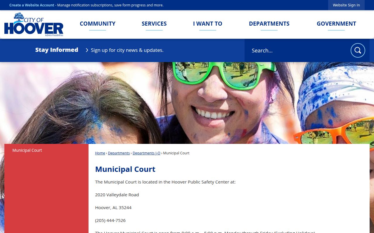 Hoover Municipal Court website showing traffic violation and fine payment information