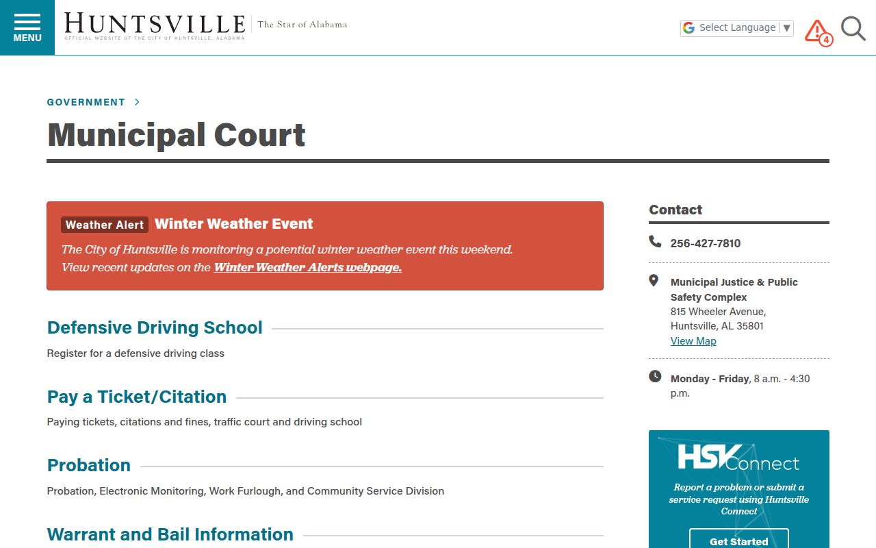 Huntsville Municipal Court website showing traffic ticket payment and court information options