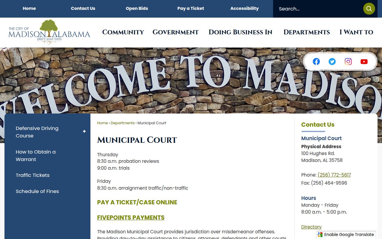 Madison Municipal Court website showing court schedule and traffic ticket information