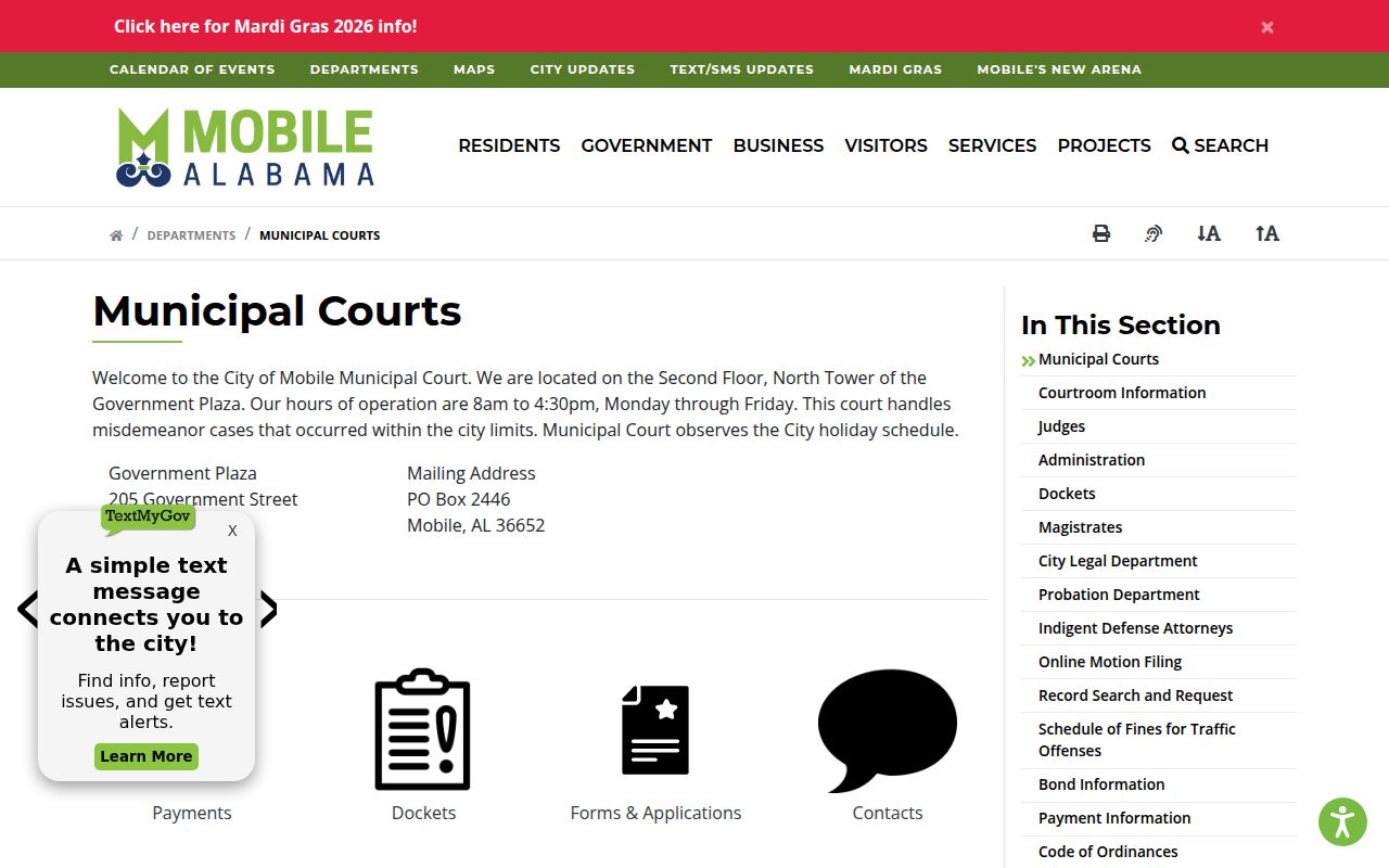 Mobile Municipal Court website showing court information and record search options