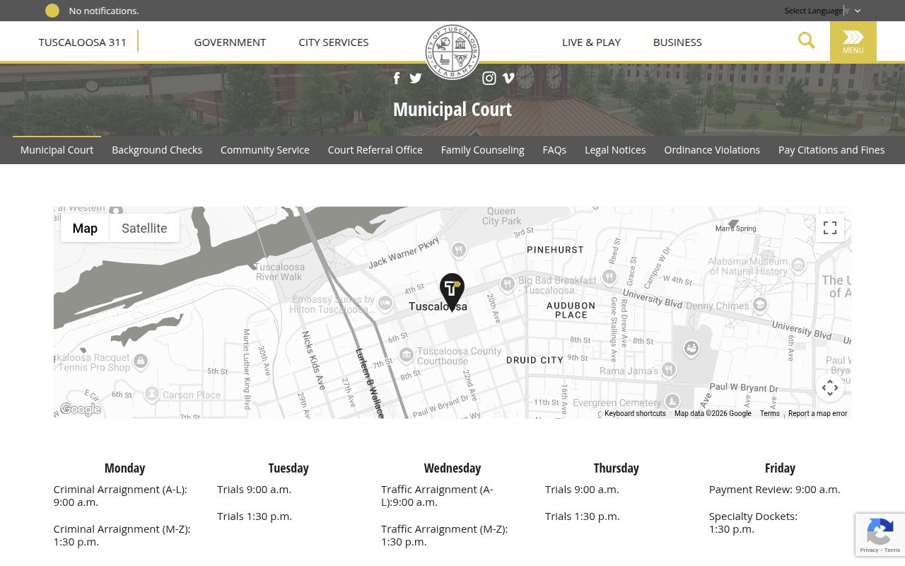 Tuscaloosa Municipal Court website showing court schedule and traffic ticket information