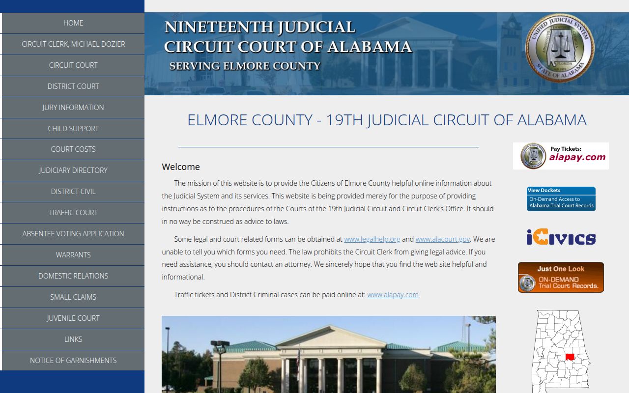 Elmore County Courthouse in Wetumpka where traffic ticket records are maintained by the Circuit Clerk